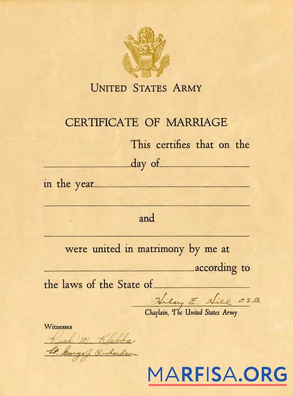 Blank United States Army certificate of marriage example